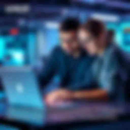 A group of three people discussing and working together on a laptop, focused on developing AI technology for small businesses