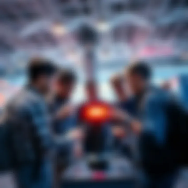 A group of tech enthusiasts exploring a new device at a showcase, discussing its practical applications and impact on the community.