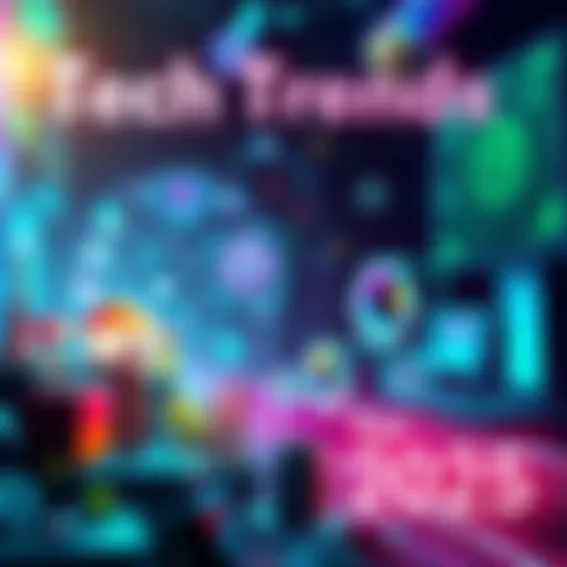 A futuristic scene showcasing advancements in technology with symbols of AI, sustainability, and digital transformation.