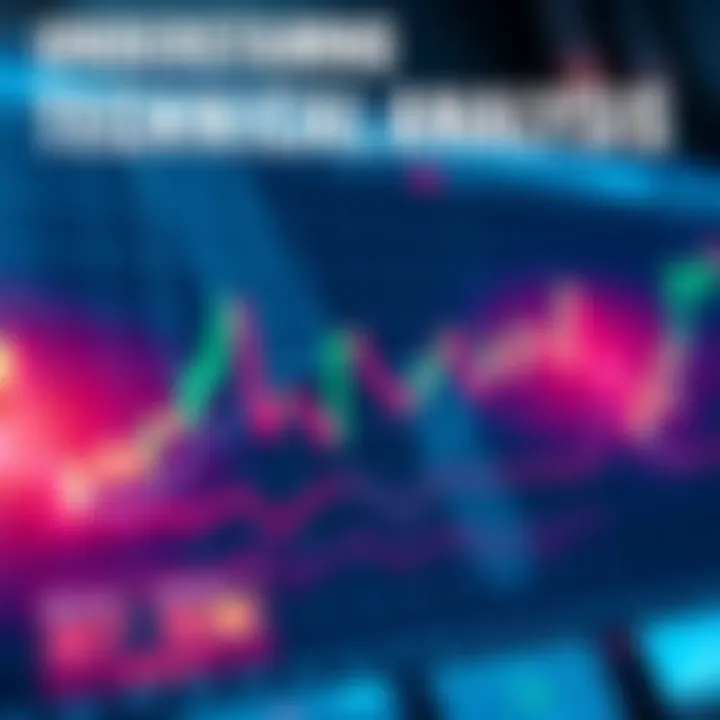 A chart showing rising and falling stock prices with indicators and patterns used in technical analysis
