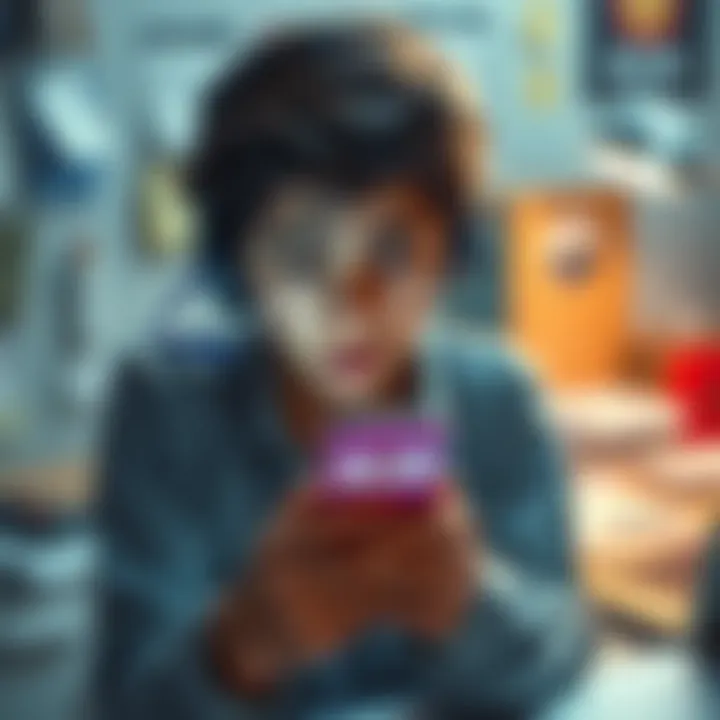 A frustrated teenager looks at a smartphone, showing an error message from a card leveling app. The background features a messy desk with notes and a laptop.