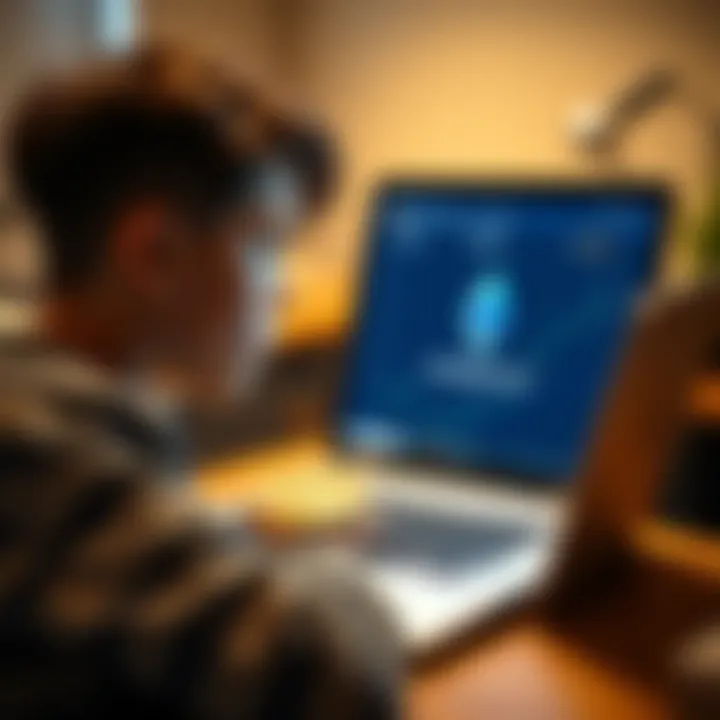 A teenager looking at a laptop screen displaying Ethereum cryptocurrency while considering investment options.