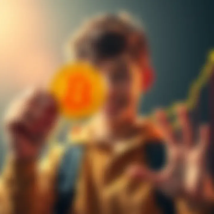 A 17-year-old smiling enthusiast holding up a Bitcoin icon with a graph showing growth behind him.