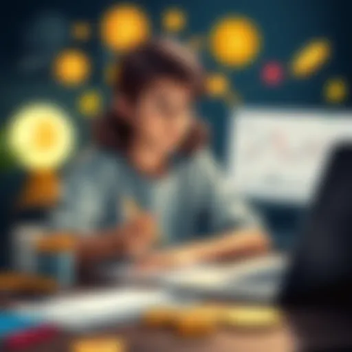 A teenager brainstorming creative ways to earn Bitcoin, surrounded by notes and a laptop showing cryptocurrency charts.