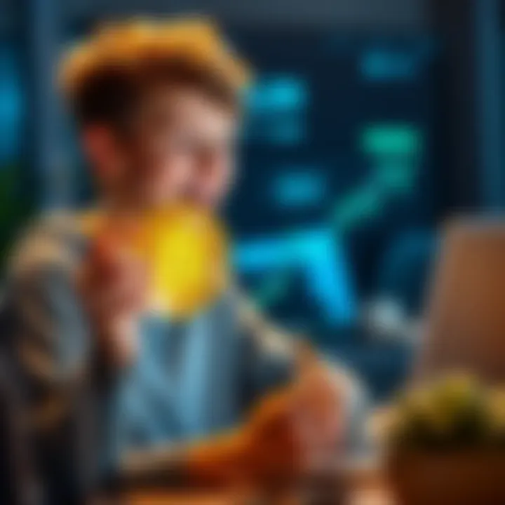 A teenager looks excited while holding a Bitcoin symbol with a laptop open to trading forums in the background.