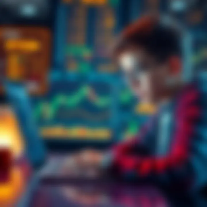 A teenager looking at a laptop screen showing Bitcoin prices and cryptocurrency charts, planning to buy Bitcoin without KYC verification.