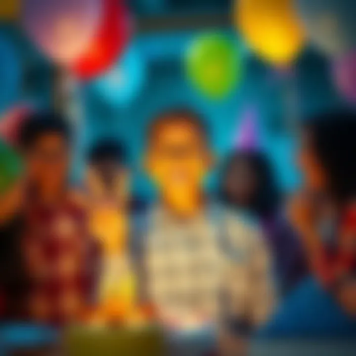 A 15-year-old teen joyfully celebrating achievements with friends, surrounded by balloons and decorations, symbolizing growth and progress.