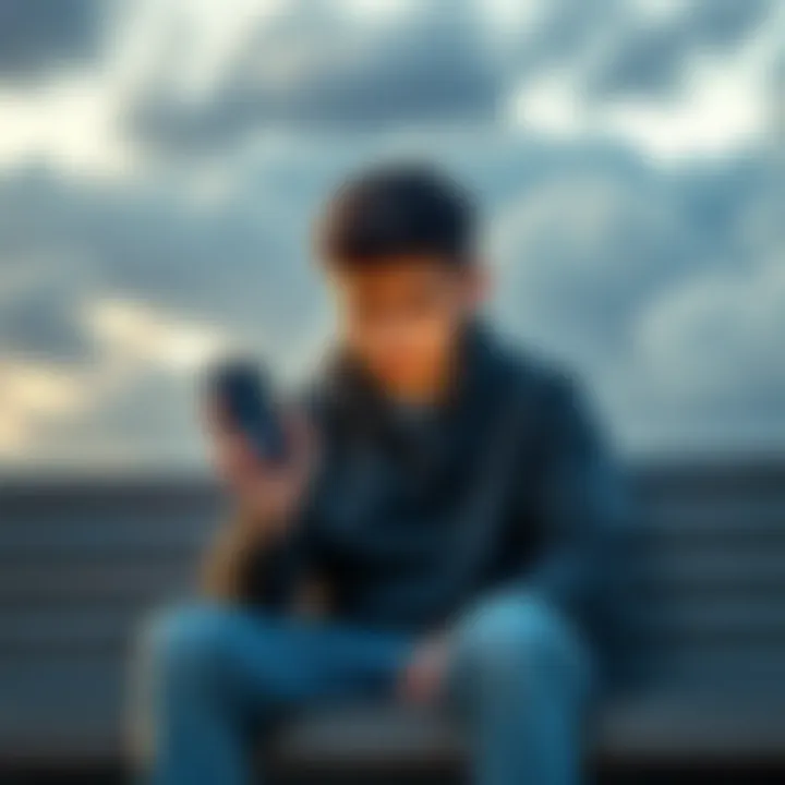 Teen Reflecting on Crypto Loss A 17-year-old boy sits on a bench looking worried while holding a smartphone showing cryptocurrency charts, with a cloudy sky in the background.