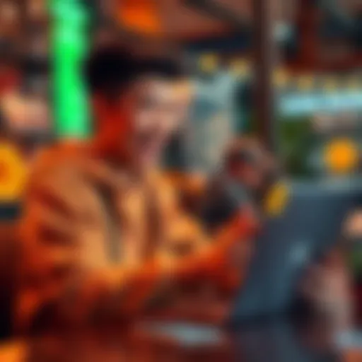 Teen entrepreneur accepting Bitcoin payment A young person with a laptop, excitedly accepting Bitcoin payments for their small business, with a Bitcoin symbol displayed on the screen.