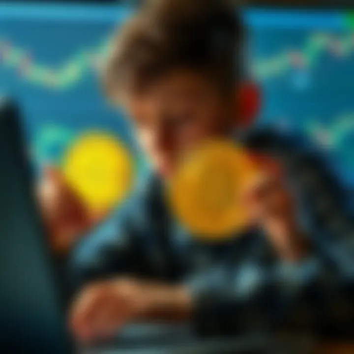 A 14-year-old boy analyzes Bitcoin trends on a laptop, with charts and graphs on the screen, looking hopeful for future investments.