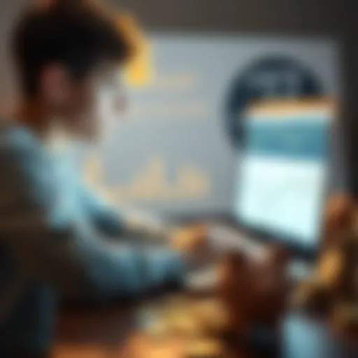 A 17-year-old looking at Bitcoin graphs and charts on a laptop, with coins and a piggy bank nearby, planning to invest weekly.