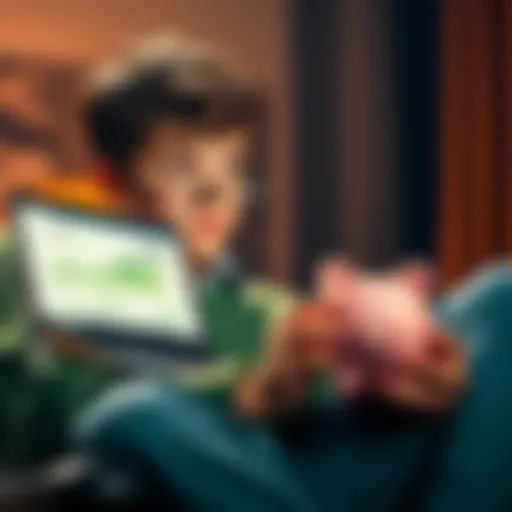 An 18-year-old with a laptop showing investment graphs, holding a piggy bank labeled Raiz, looking thoughtfully at future homeownership plans.