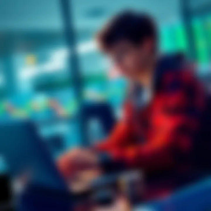 A 17-year-old student analyzing stock and cryptocurrency market trends on a laptop, focused on his Roth IRA and investment strategies.