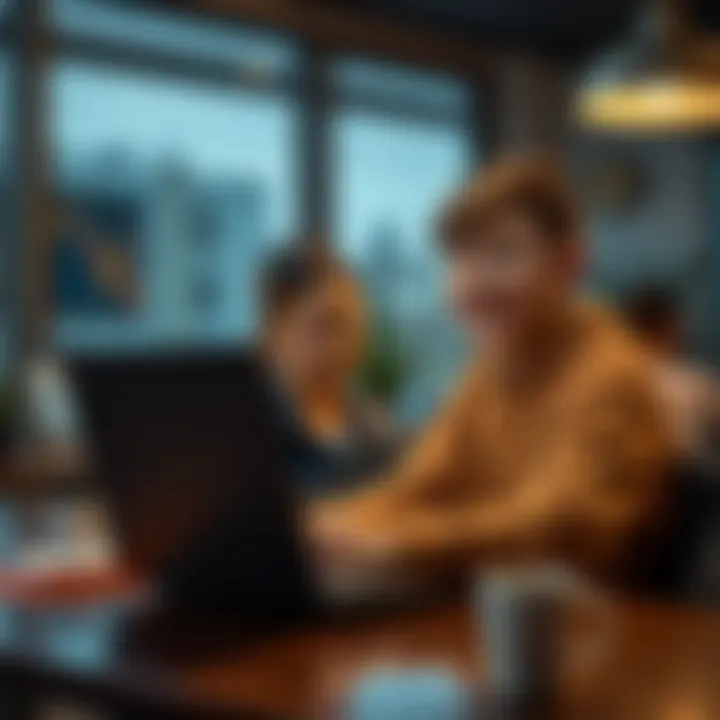 A 16-year-old boy sitting at a desk with a laptop, looking excited about his trading success while his mother looks worried in the background, considering the impact on her government benefits.