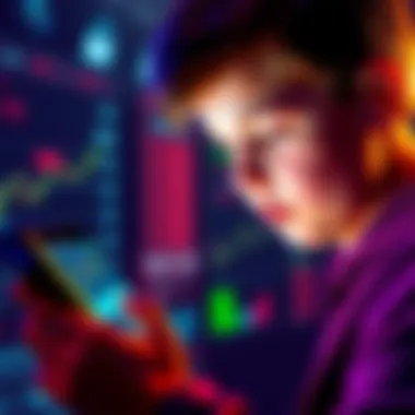 A young person looking at a smartphone screen with cryptocurrency charts and graphics, showing interest in digital currency.