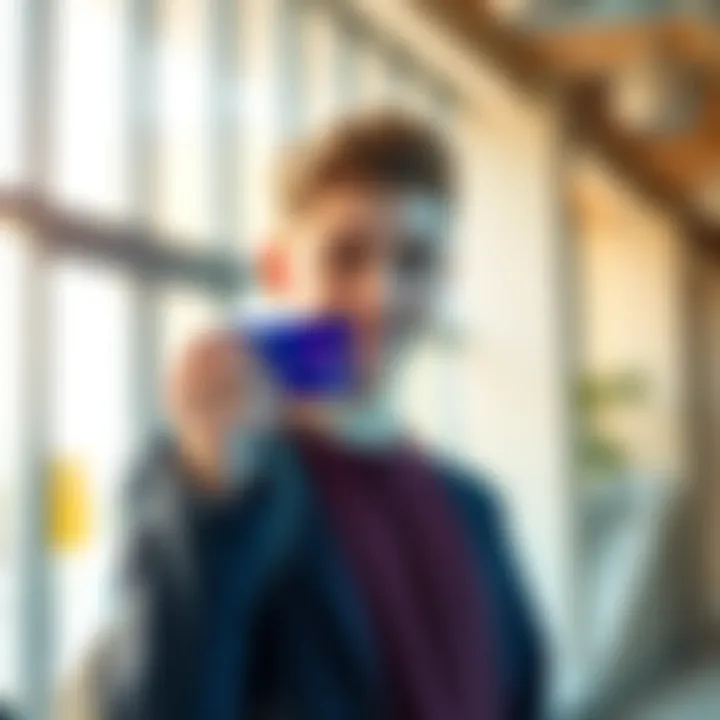 Teenager with a Bank Card A 16-year-old holding a bank card with a logo of a bank, smiling and looking confident in a modern environment.