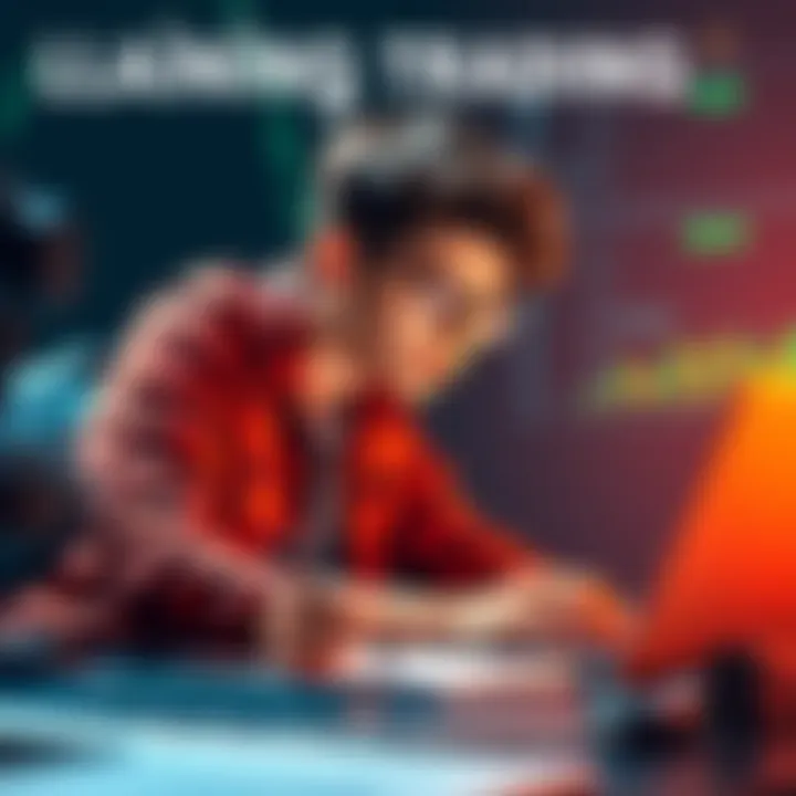 A 17-year-old studying trading with a laptop and notes, focused on learning resources.