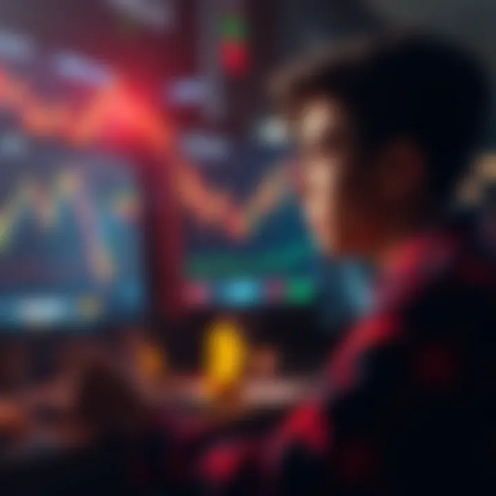 A young person looking at stock market charts and cryptocurrency symbols on a computer screen, contemplating their first investment.