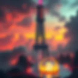 A futuristic depiction of Nikola Tesla's Wardenclyffe tower designed for Bitcoin mining, showing tall structures and digital currency symbols