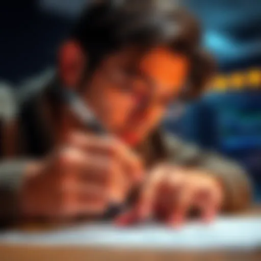 A person holding a hardware wallet and trying to write down a recovery phrase while looking focused