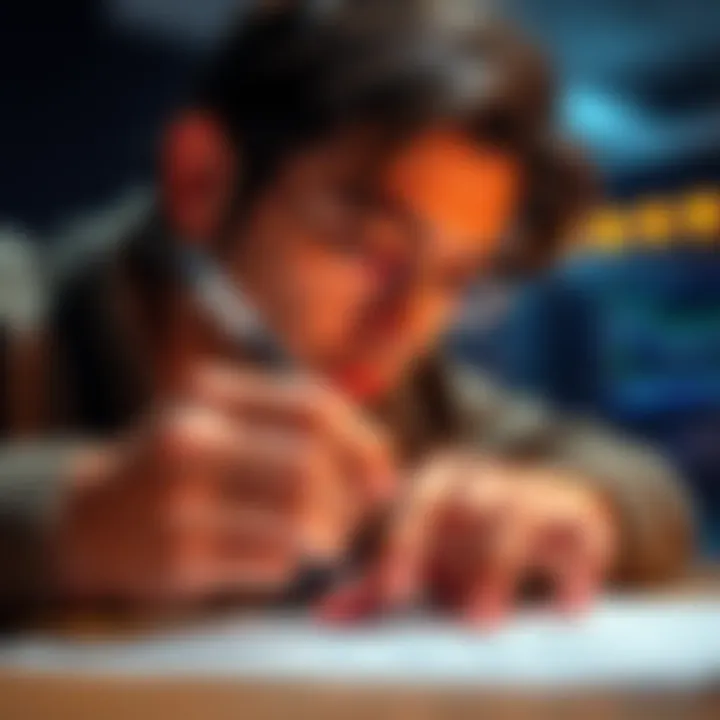 A person holding a hardware wallet and trying to write down a recovery phrase while looking focused