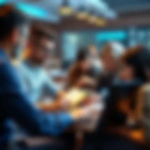 A group of people discussing feedback on a project with laptops and notes in hand