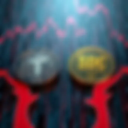 Tether's USDT and Circle's USDC coins represented on Solana blockchain background with upward and downward arrows illustrating market competition