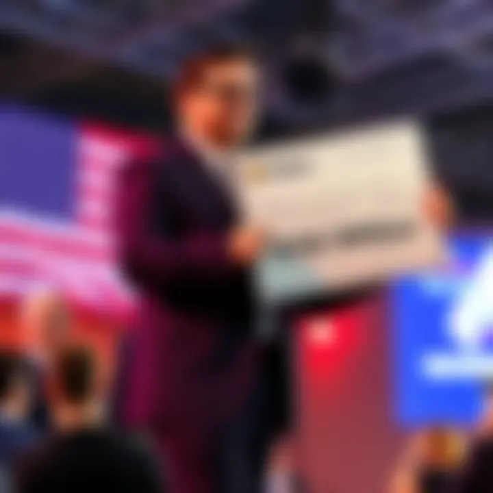 A Tether executive announces a new cryptocurrency political action committee with a large check, symbolizing a $100 million investment before the midterm elections.