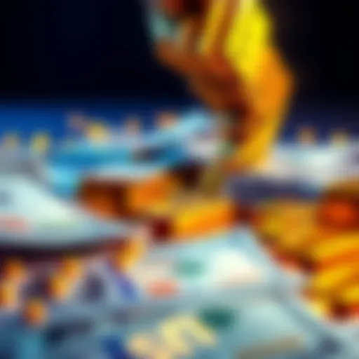 A representation of Tether moving from the US Dollar to gold, showing the dollar bills transitioning to gold bars.