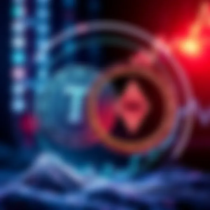 Tether and Wash Trading Two overlapping circles representing Tether and wash trading in cryptocurrency with a graph showing market trends.