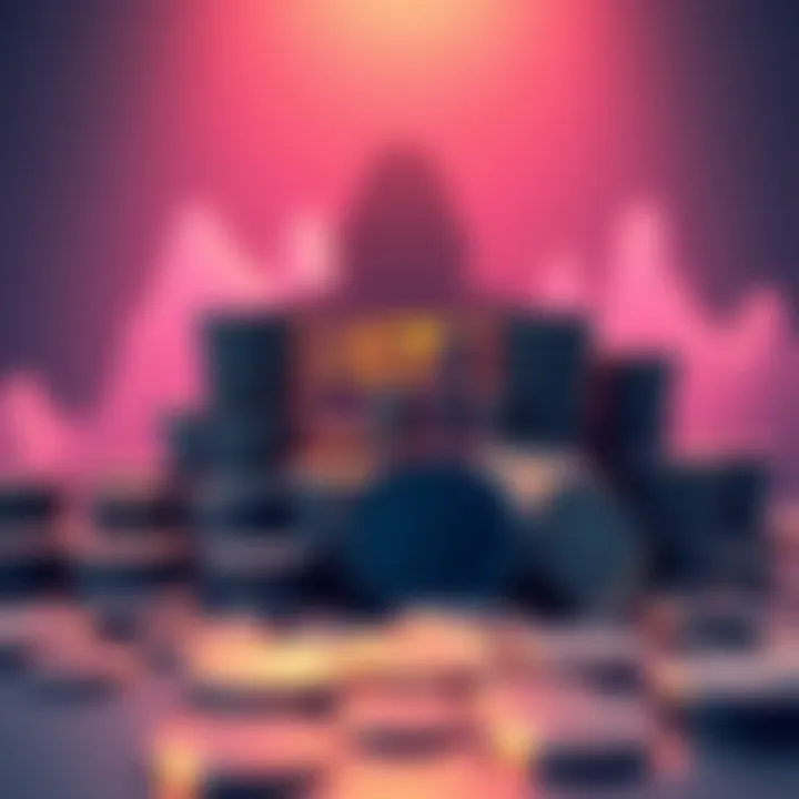 A visual representation of Tether's financial structure, with stacks of coins symbolizing USDT and a shadowy figure representing uncertainty in audits.