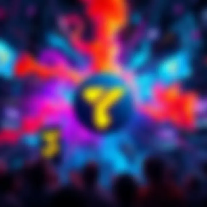 Tezos logo with artistic background Tezos logo surrounded by colorful digital art representing the vibrant community of artists.
