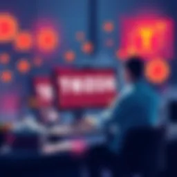 A person setting up a computer to participate in the Tezos blockchain as a baker, with graphics of digital coins around them.
