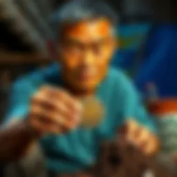 A Thailand resident holds an old coin dug up from the ground, looking curious and thoughtful about its origin and value.