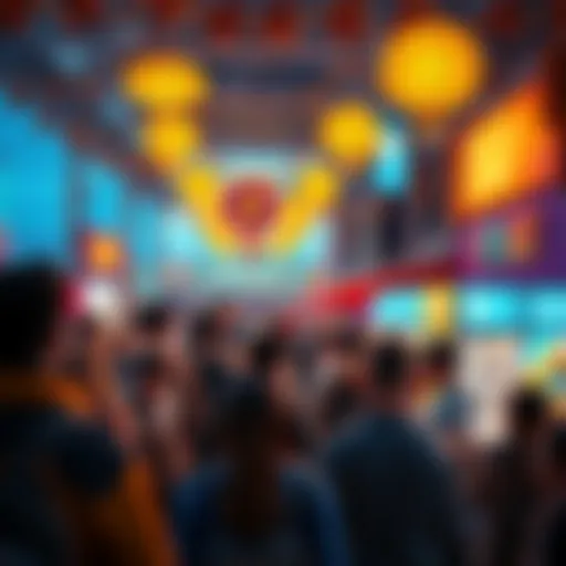 A lively crowd enjoying activities and rewards at the BitMart Thanksgiving event, with decorations and trading booths visible.