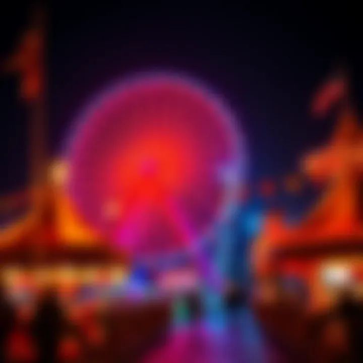 A vibrant Ferris wheel glowing with lights at night, surrounded by carnival games and festive decorations, capturing the excitement of the Thanksgiving Carnival atmosphere