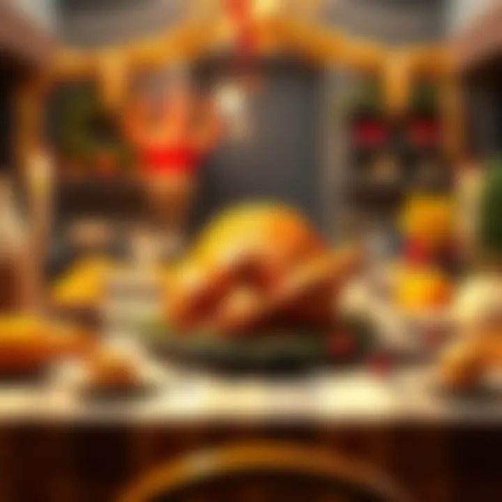 A table set for Thanksgiving dinner with a turkey, surrounded by festive decorations and symbols of cryptocurrency