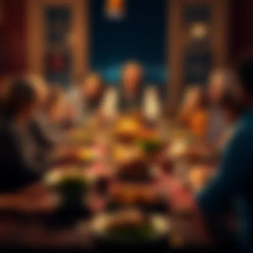 A family gathered around a table enjoying Thanksgiving dinner, with one person sharing information about cryptocurrency. The table is filled with traditional dishes like turkey and pie.