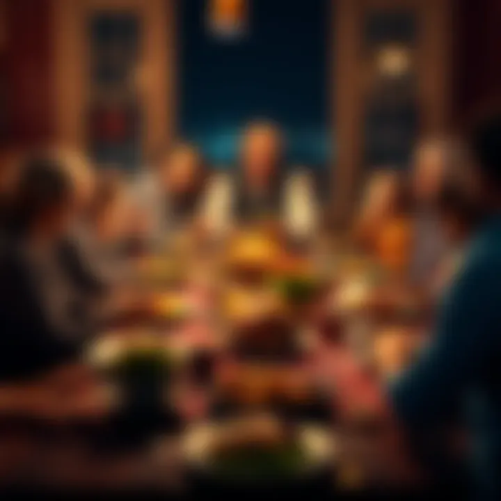 A family gathered around a table enjoying Thanksgiving dinner, with one person sharing information about cryptocurrency. The table is filled with traditional dishes like turkey and pie.