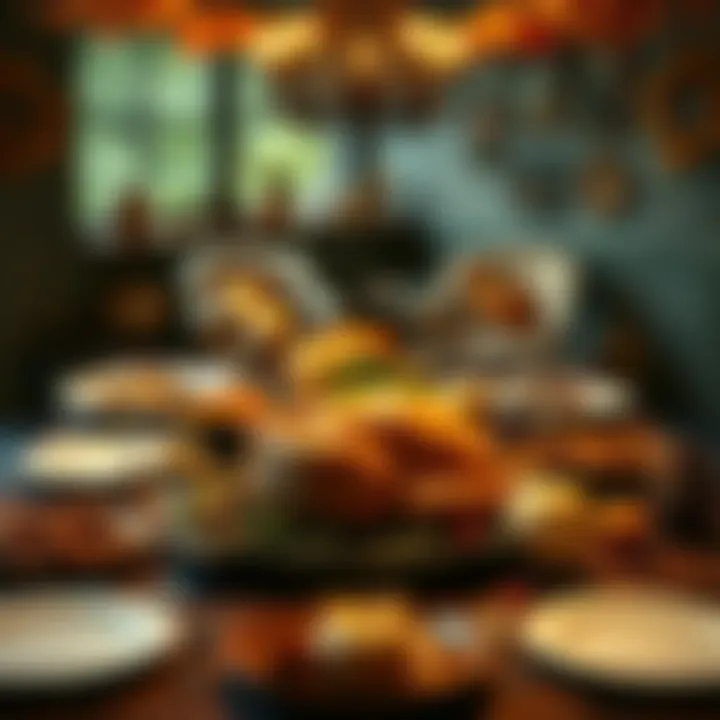 A beautifully set dinner table with a turkey, side dishes, and autumn decorations for Thanksgiving 2025.