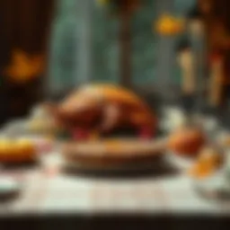 A beautifully set Thanksgiving dinner table with a turkey, pumpkin pie, and decorative fall leaves
