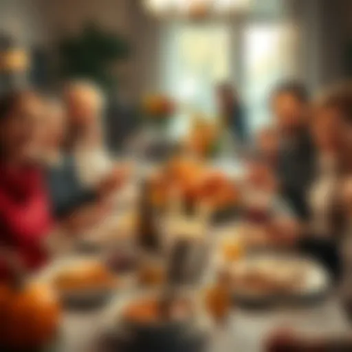 A beautifully set Thanksgiving dinner table with a roast turkey in the center, surrounded by family members smiling and sharing moments together.