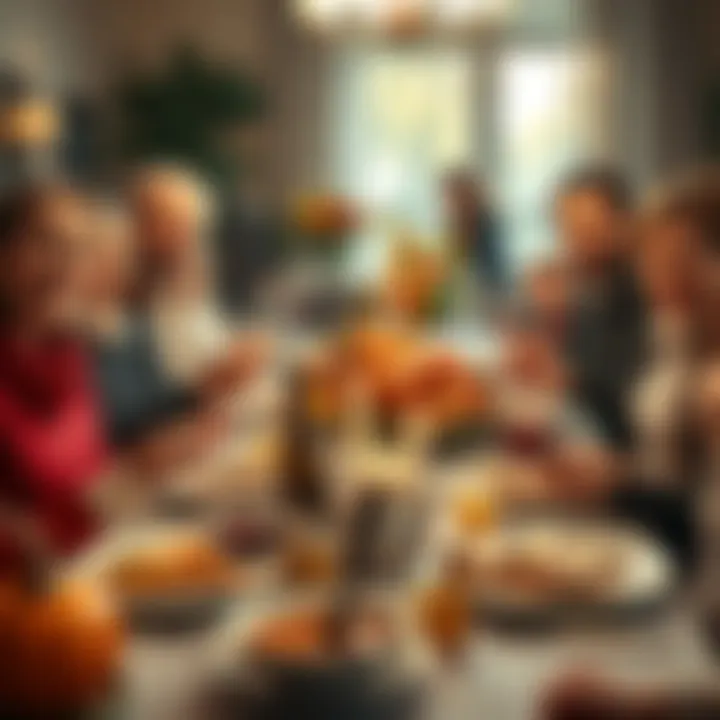 A beautifully set Thanksgiving dinner table with a roast turkey in the center, surrounded by family members smiling and sharing moments together.