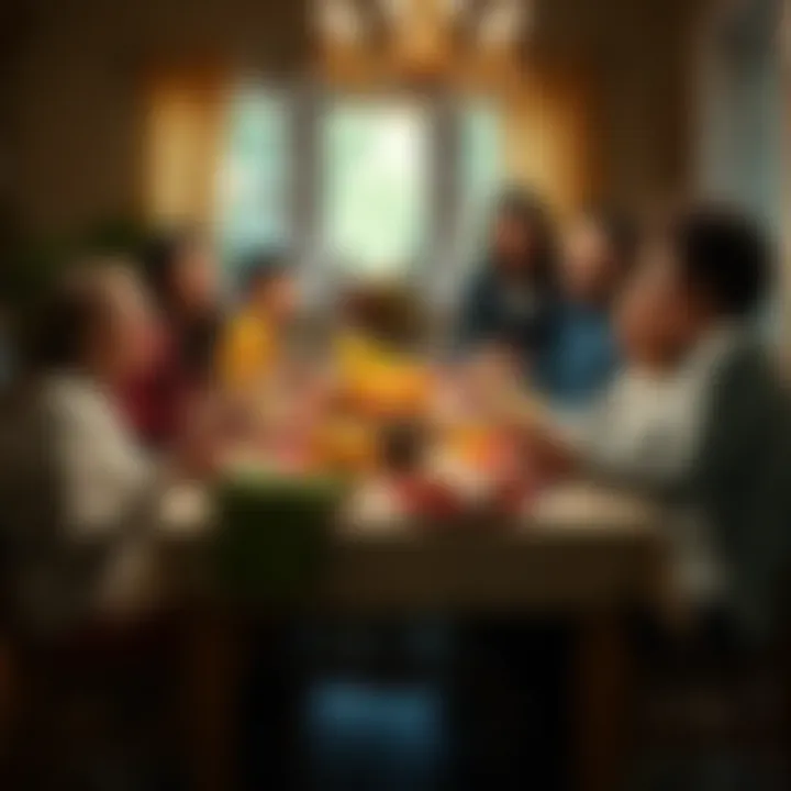 A joyful family gathered around a table set with Thanksgiving feast, sharing laughter and gratitude.