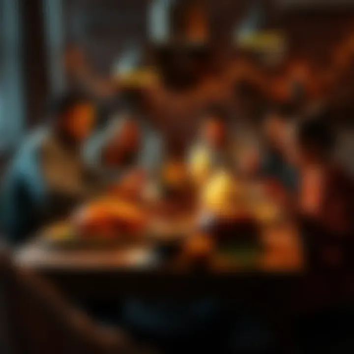A family gathered around a table enjoying a Thanksgiving meal with turkey, sides, and decorations.