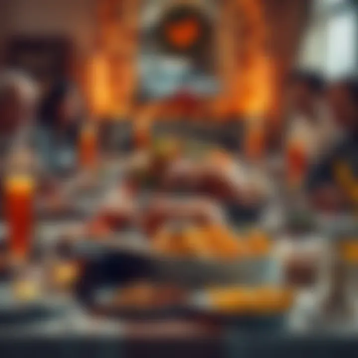 A festive Thanksgiving table set with turkey, sides, and decorations, surrounded by family members