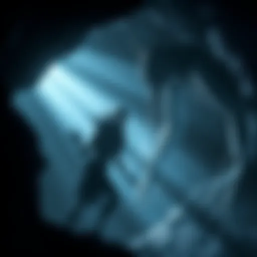 A dark, eerie cave scene featuring the Shrike, depicted as a tall, menacing figure with sharp, metallic features and glowing eyes, evoking a sense of horror.