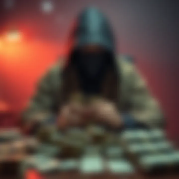 A thief sitting at a table, counting stacks of cash after a successful heist