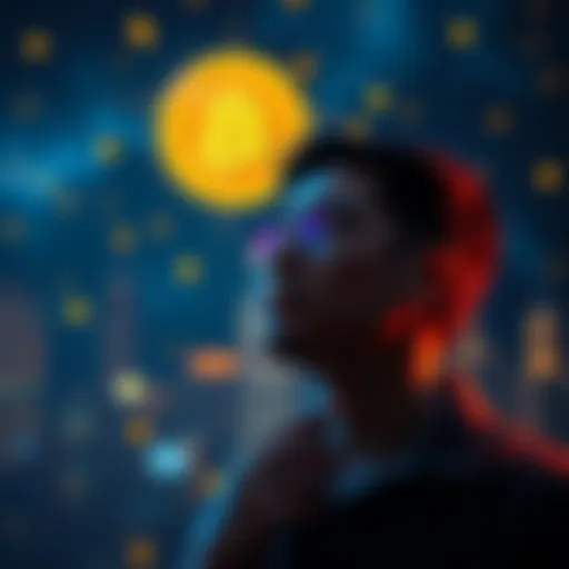 A thoughtful individual gazing at a Bitcoin symbol, pondering questions for Satoshi Nakamoto.