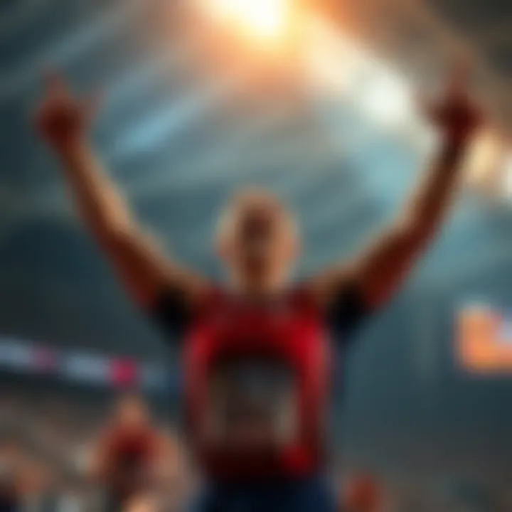 An athlete celebrating a last-minute victory with arms raised in excitement, clock showing 9 minutes left.
